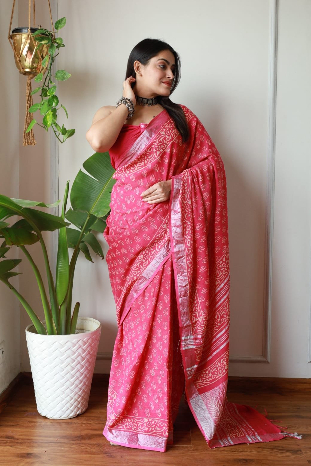 Hand Block Printed Linen Saree with Blouse